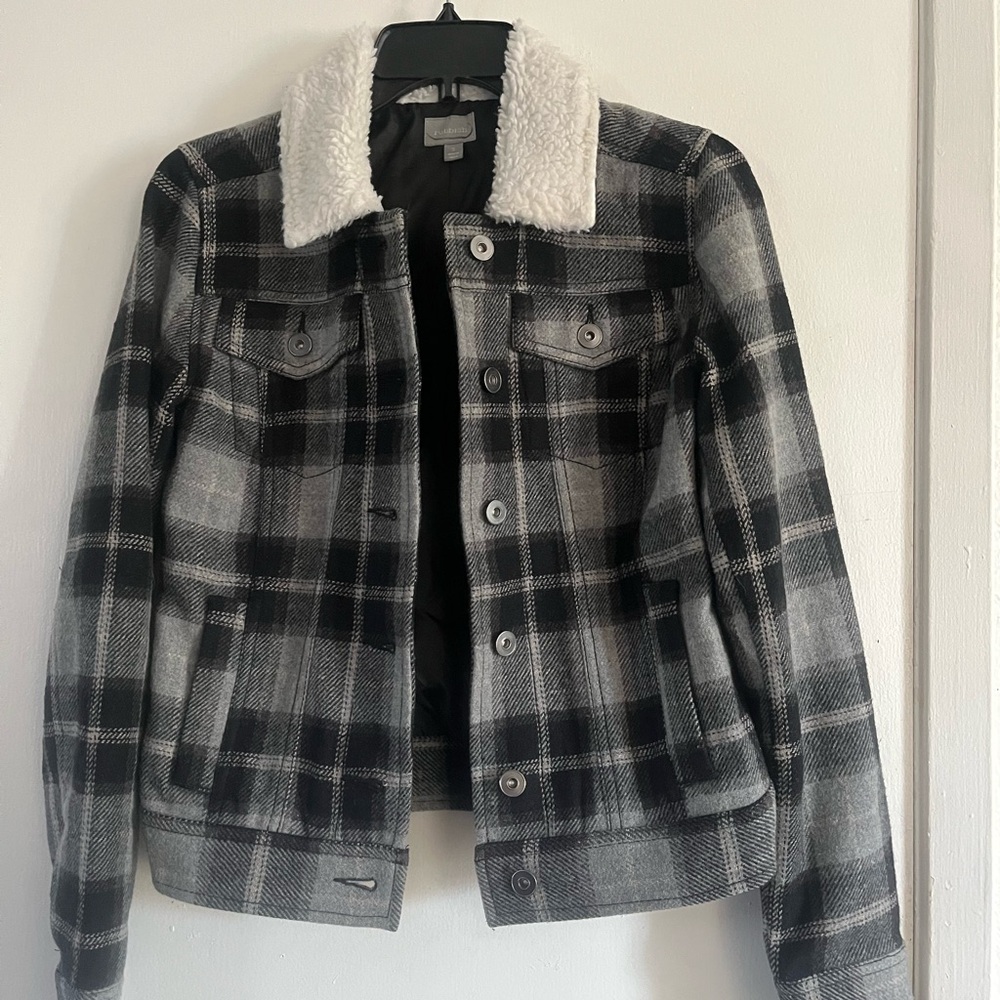Rubbish Black and Gray Plaid Sherpa Jean Jacket
